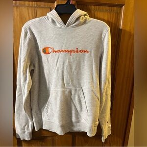 Champion Light Gray Hoodie with Orange Logo